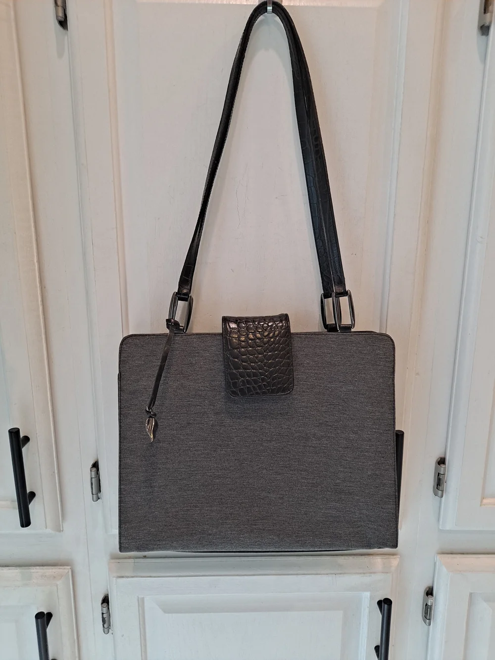 Dana B + Karen Gray Fabric Black Leather Trim Functional Modern Shoulder Bag